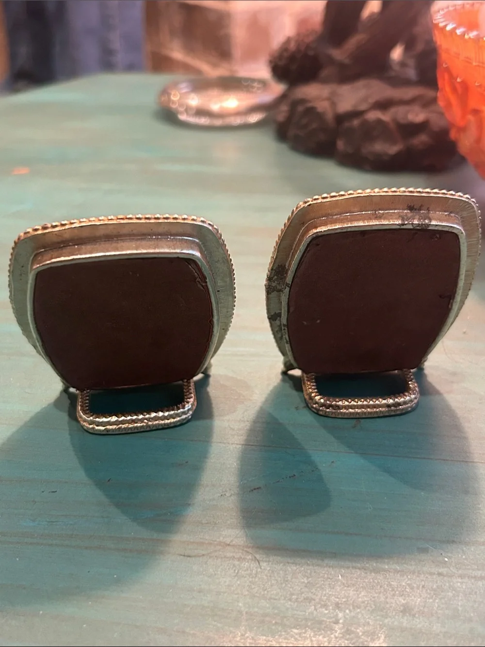 Vintage Ornate Gold Tone Mini Picture Frames with Green/Navy Enamel Accents